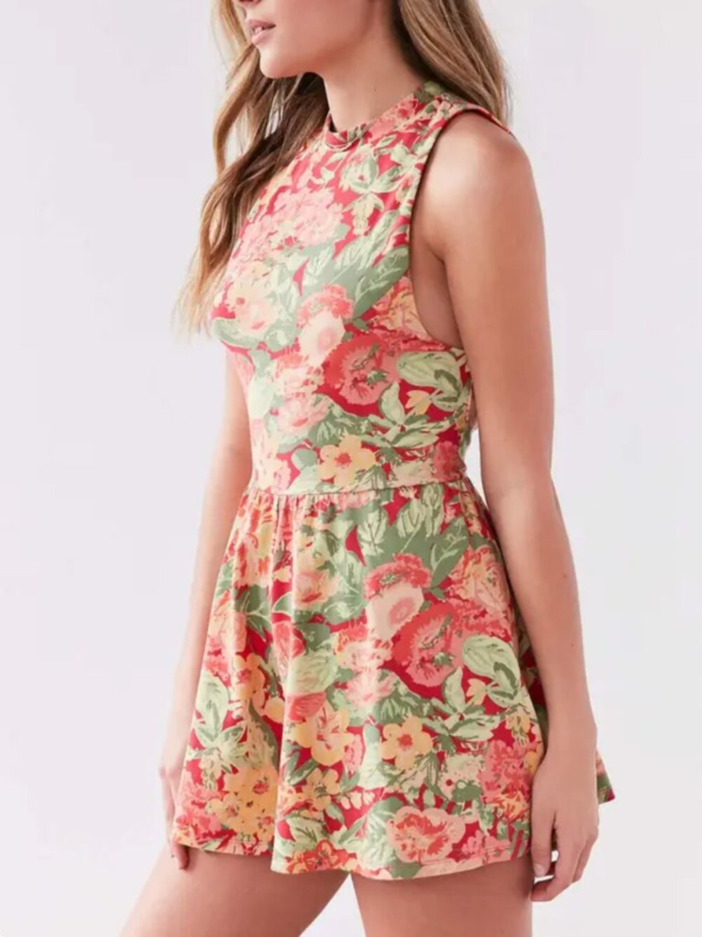 KIMCHI BLUE Rebecca Red Floral Mock Neck Sleeveless Romper sz S